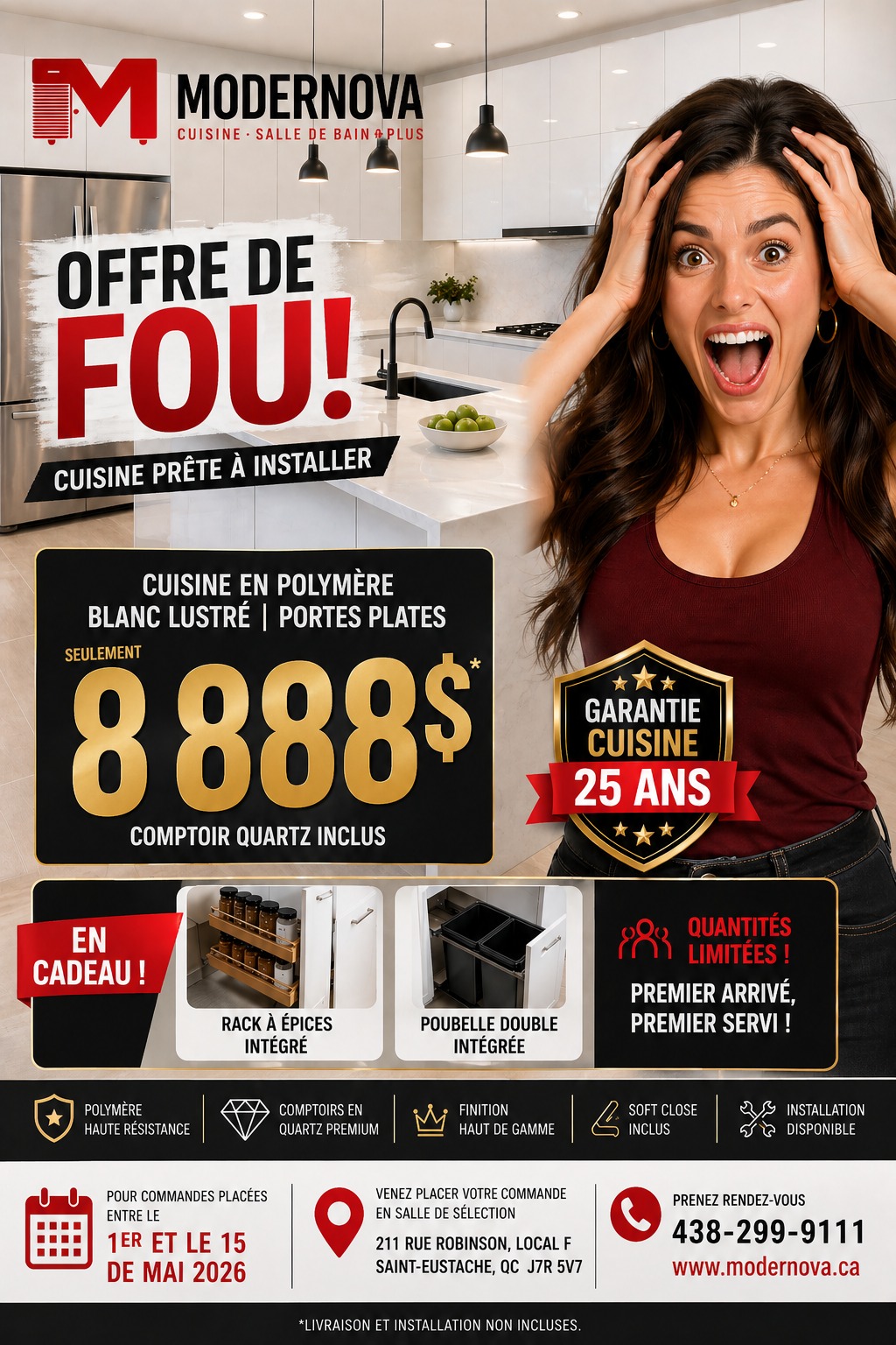Cuisine en polymère blanc lustré 8 888$